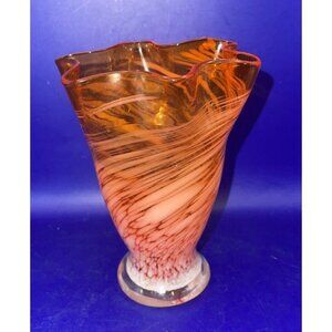 Art Glass Handkerchief Swung Vase Orange White Ruffled Edge Swirled Vintage MCM